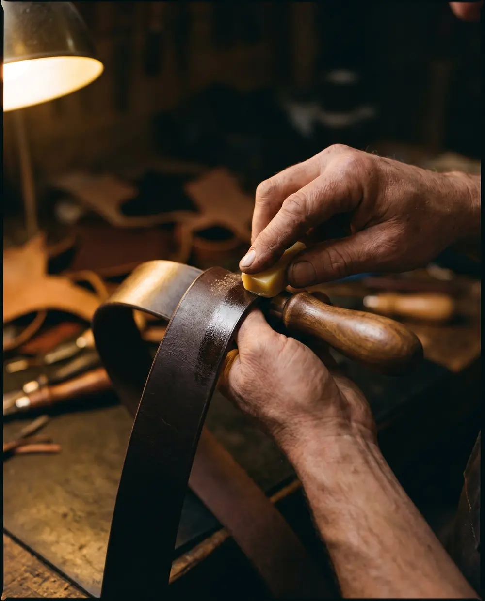 Burnishing a leather edge with a wooden slicker