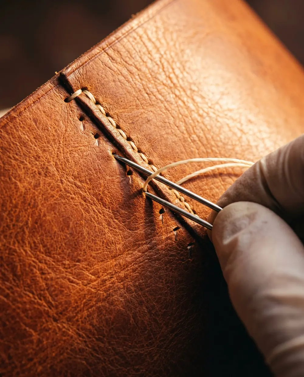 Hand saddle stitching with waxed linen thread
