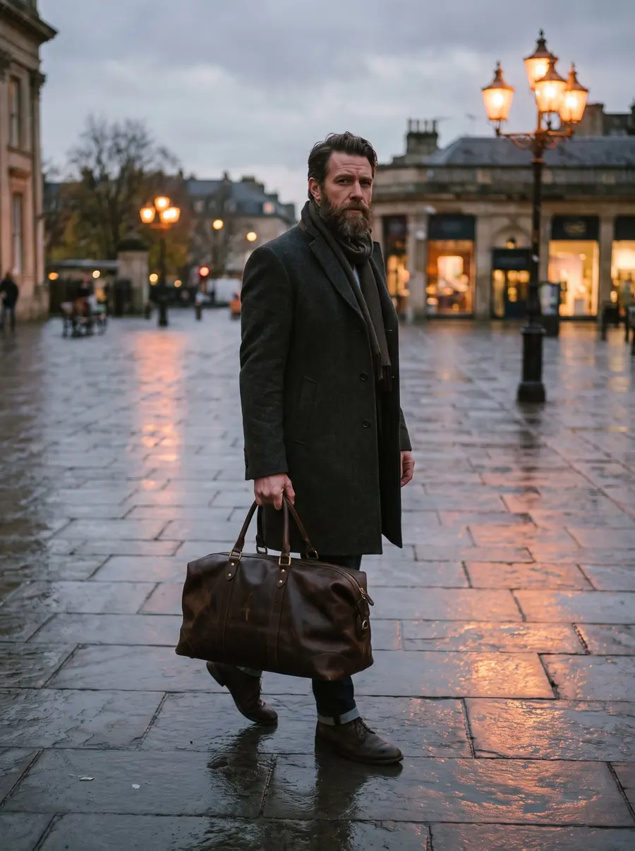 A man crossing a wet stone plaza with a dark brown weekender