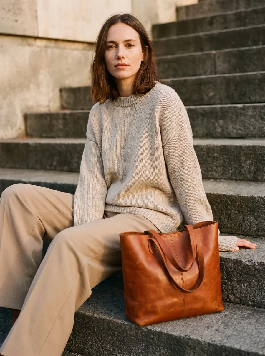 A woman seated on steps beside a cognac tote