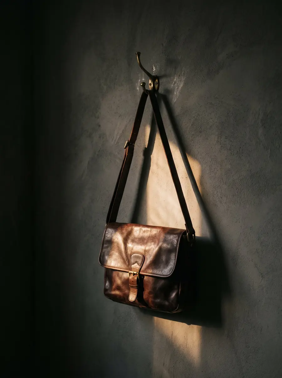 A black messenger bag hanging on a brass hook